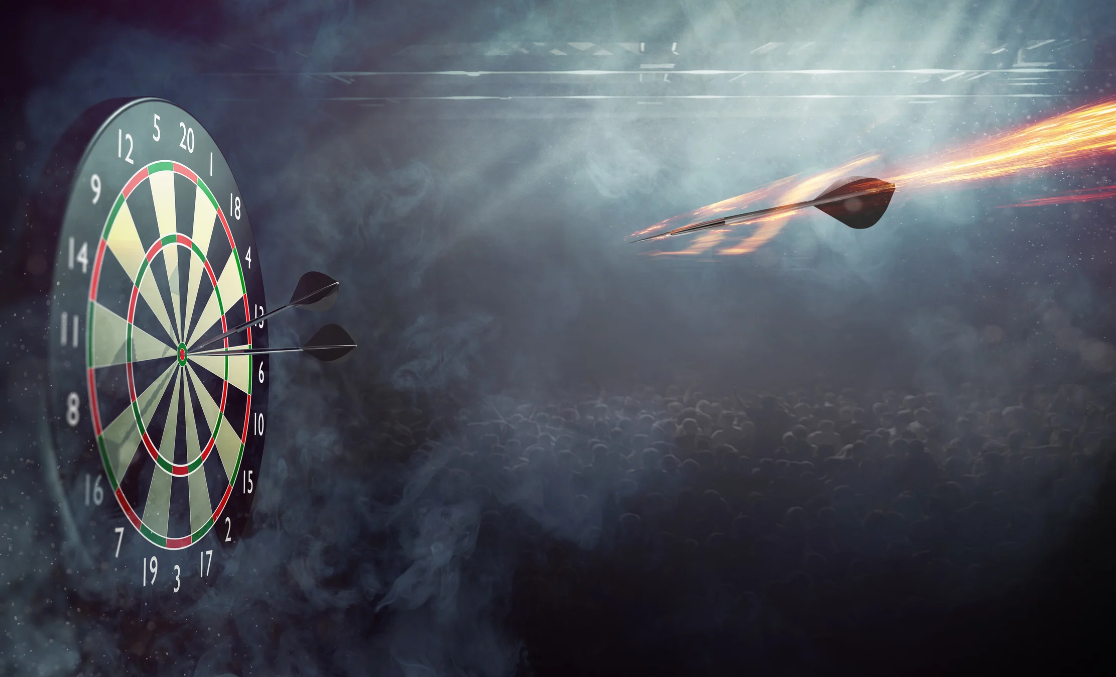 Dartspieler vor Dartboard – 3DarterDE Dartshop